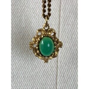Vintage 1970s Emerald Green Glass Pendant Necklace Gold Tone Chain Baroque MCM